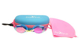 SWIMZ ATOM Blue/Pink Mirrored Swim Goggle, Case & Cap Bundle