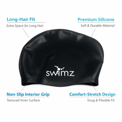 Swimz Long Hair Silicone swim cap - 100% soft Silicone (Black)
