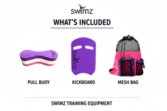 Swimz Junior Club Swimming Training Bundle Elite Purple White Pink - includes kickboard, pull buoy and elite mesh bag