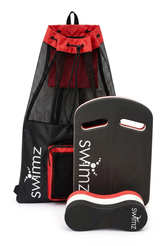 SWIMZ Junior Club Elite swimming training bundle in Black/White/Red with kickboard, pull buoy and mesh backpack
