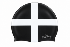 SWIMZ Cornwall flag silicone swim cap in black with a white St Piran’s cross and white SWIMZ logo.