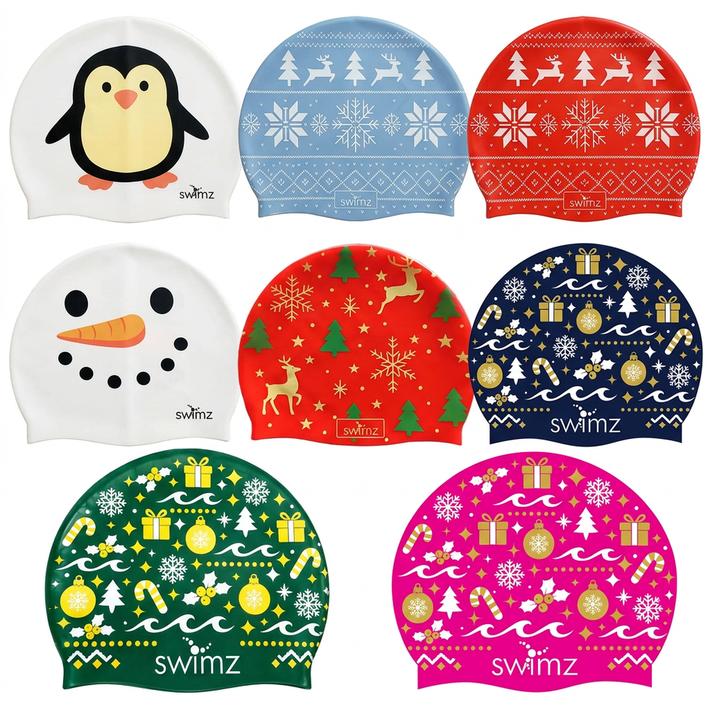SWIMZ Christmas swim caps in a square three-three-two layout