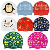 SWIMZ Christmas swim caps in a square three-three-two layout
