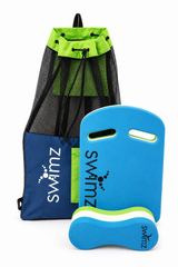 SWIMZ Junior Club Elite swimming training bundle in Blue/White/Lime with kickboard, pull buoy and mesh backpack