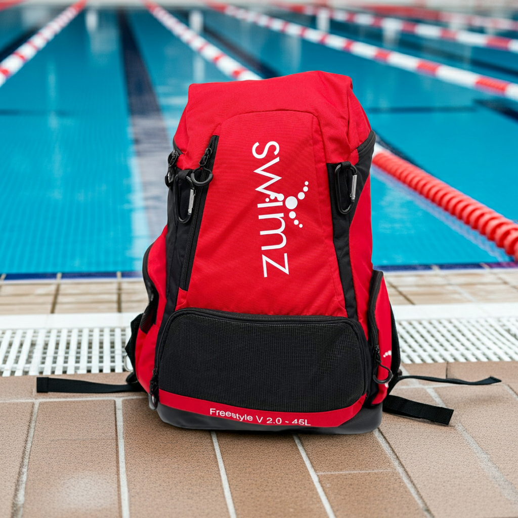 Swimz Freestyle Backpack V2.0 45L Sports / Swim Backpack - Large 45L Capacity Swim Bag (Red / Black)