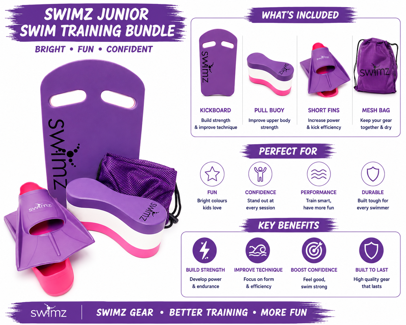 FULL Junior Swim Kit Bundle - Purple/White/Purple + Fins