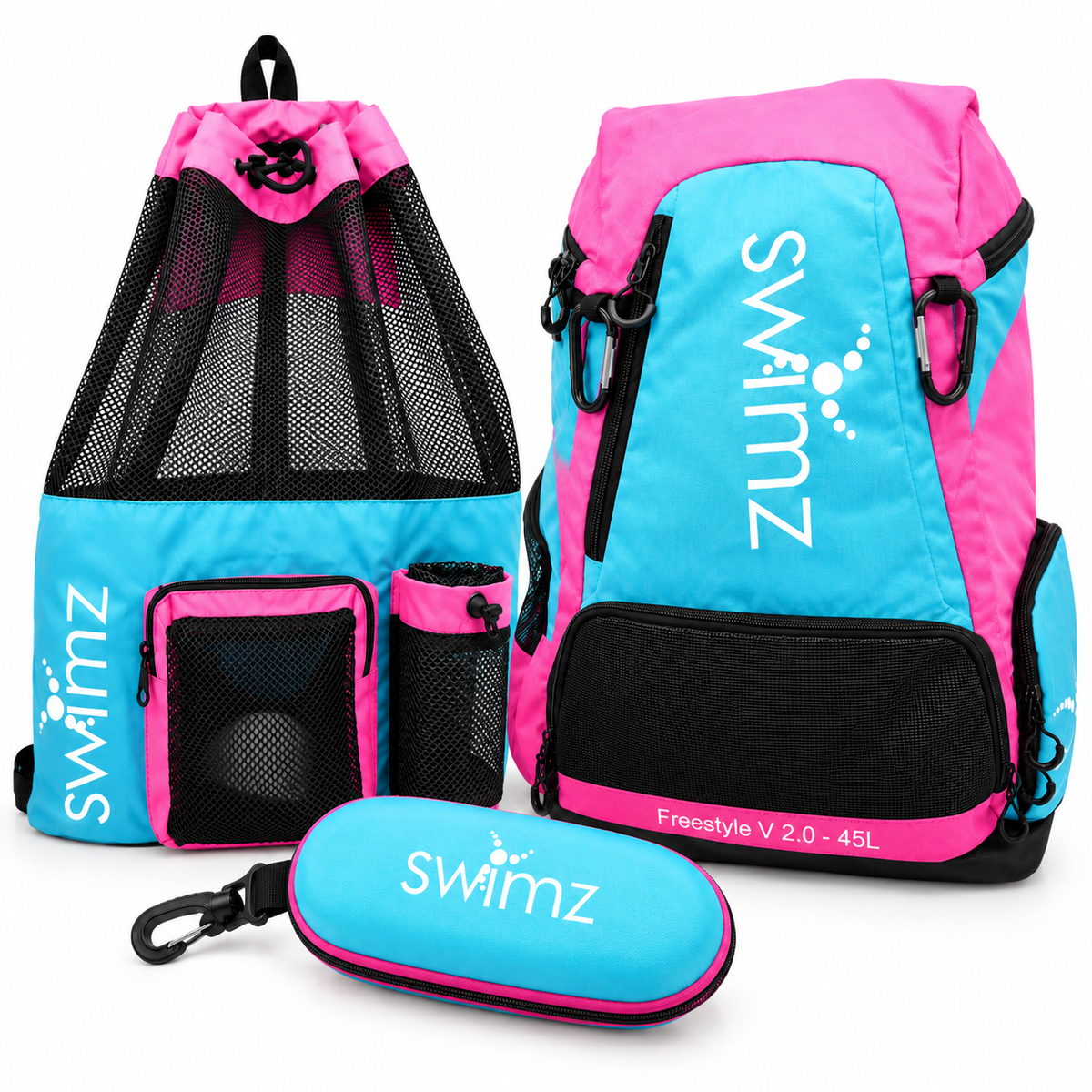 Swimz Complete Storage Bundle – Freestyle V2.0 Backpack, Elite Club Mesh Backpack & Armour Case - Blue / Pink