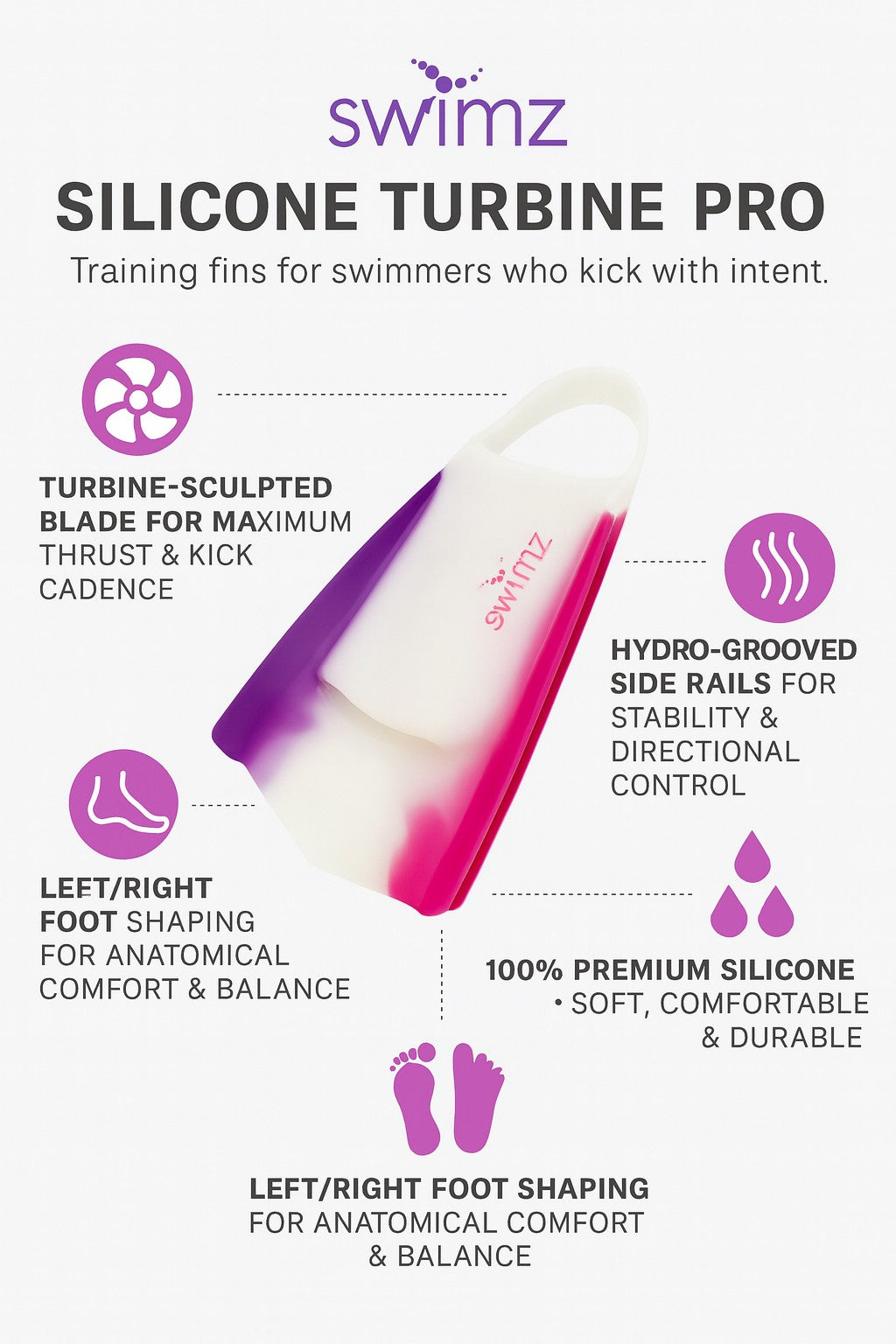 Swimz Turbine Silicone Pro Swim Fins - Purple/White/Pink