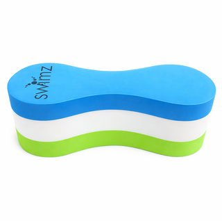 Blue, white, and green swim Pull Buoy with 'Swimz' branding on a white background
