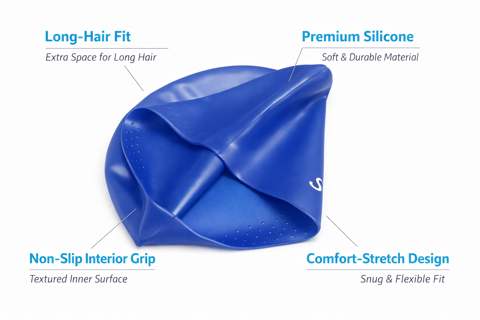 Swimz Long Hair Silicone swim cap - 100% soft Silicone (Royal Blue)