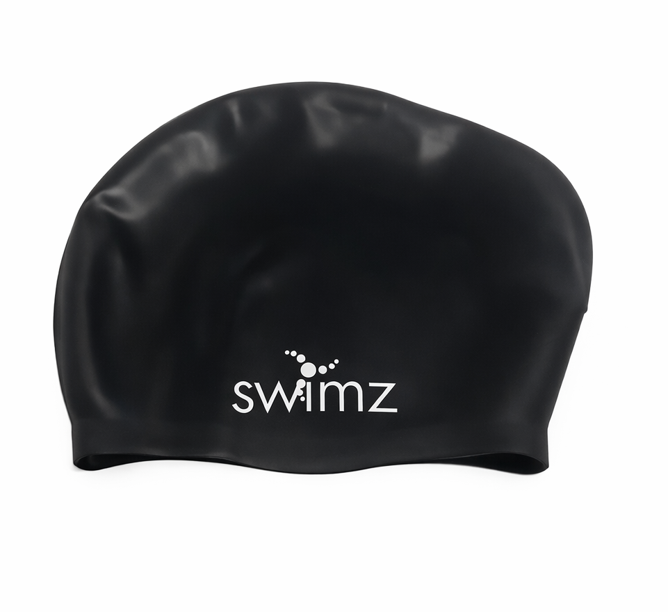 Swimz Long Hair Silicone swim cap - 100% soft Silicone (Black)