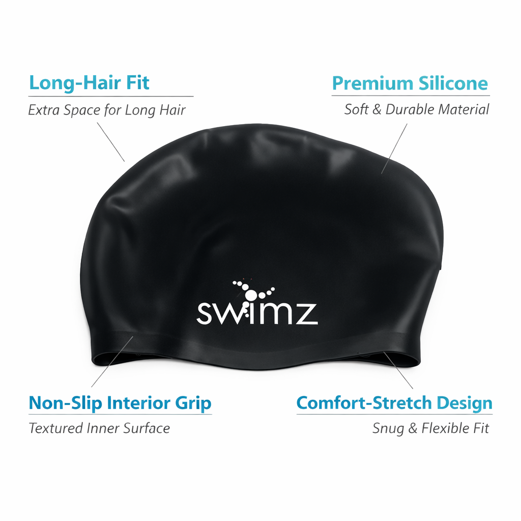 Swimz Long Hair Silicone swim cap - 100% soft Silicone (Black)