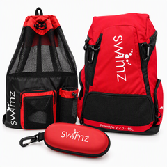 Swimz Complete Storage Bundle – Freestyle V2.0 Backpack, Elite Club Mesh Backpack & Armour Case - Red / Black