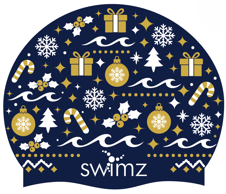 A festive swim cap featuring a Christmas pattern with gold and white ornaments, candy canes, snowflakes, gifts, holly, and trees on a dark navy blue background, with the brand name 'swimz' printed at the bottom.