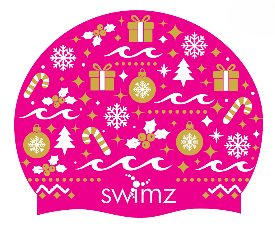 A festive swim cap design featuring a bright pink background with holiday motifs including snowflakes, ornaments, candy canes, gifts, holly, and the brand name 'swimz' in white at the bottom.