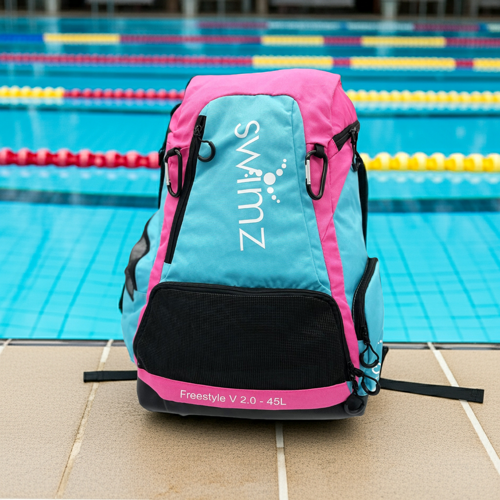 Swimz Freestyle Backpack V2.0 45L Sports / Swim Backpack - Large 45L Capacity Swim Bag (Blue / Pink)