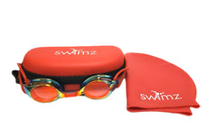Swimming Goggles, Case & Cap Bundle - Swimz ATOM Mirrored Goggle + Pro Storage Case + Silicone Swim Cap - Red