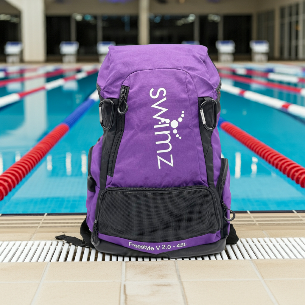 Swimz Freestyle Backpack V2.0 45L Sports / Swim Backpack - Large 45L Capacity Swim Bag (Purple / Black)