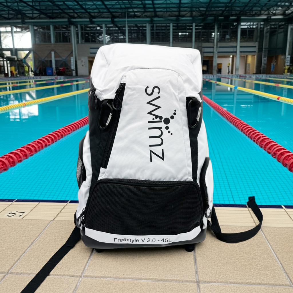 Swimz Freestyle Backpack V2.0 45L Sports / Swim Backpack - Large 45L Capacity Swim Bag (Black / White)