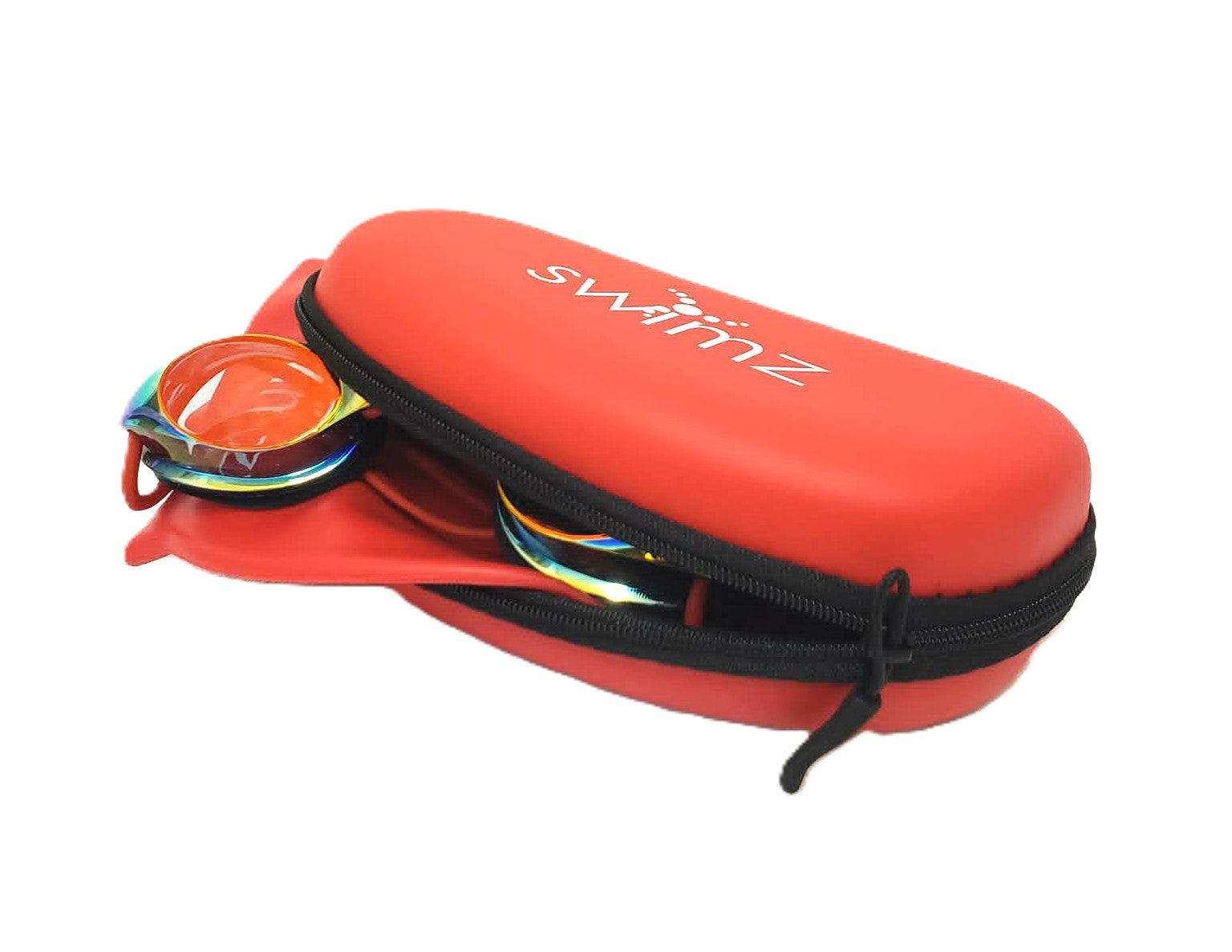 Swimming Goggles, Case & Cap Bundle - Swimz ATOM Mirrored Goggle + Pro Storage Case + Silicone Swim Cap - Red
