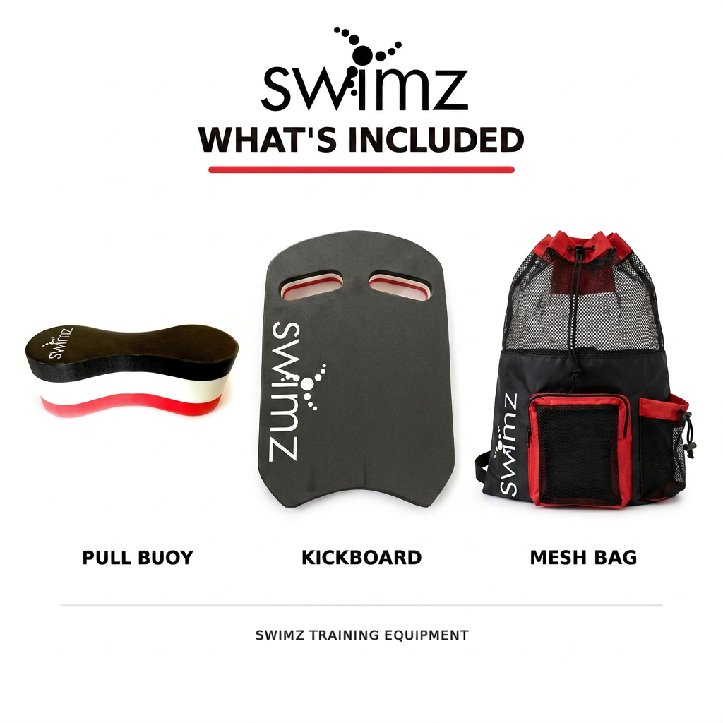 What's included in the SWIMZ Black/White/Red Elite junior bundle: pull buoy, kickboard and mesh bag
