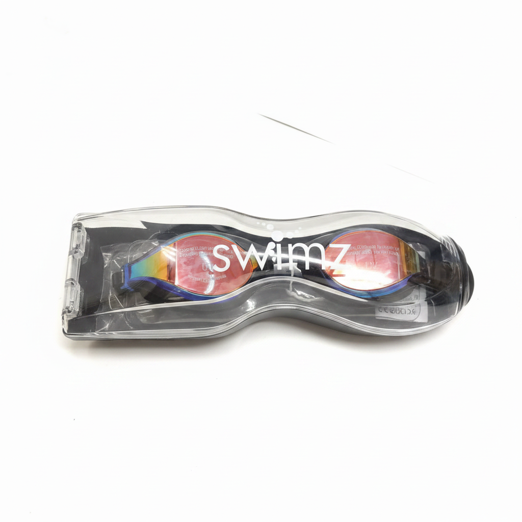 Swimz Vortex Mirrored Swimming Goggles in packaging - Black / Smoke / Red