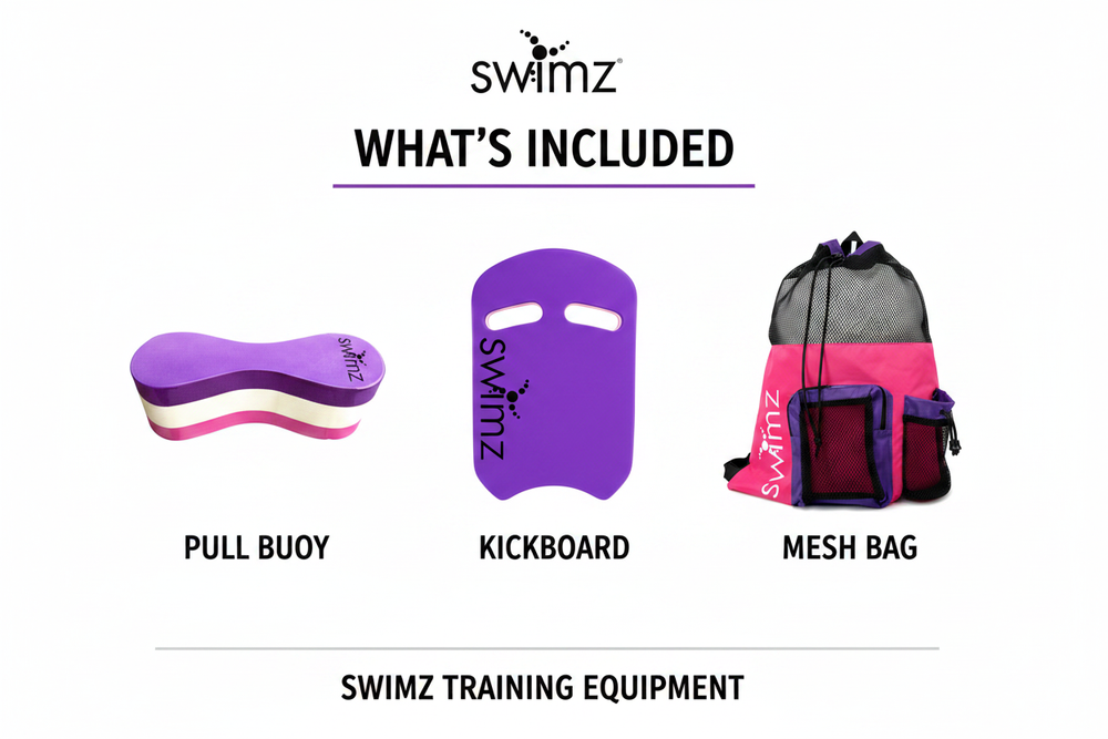 Swimz Junior Club Swimming Training Bundle Elite Purple White Pink - includes kickboard, pull buoy and elite mesh bag
