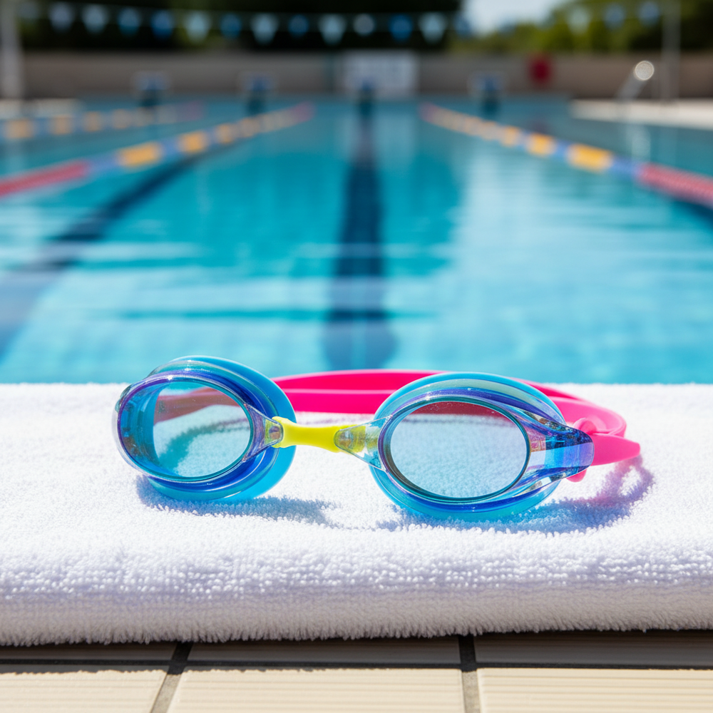 Swimz ATOM Mirrored Swimming Goggles - Blue / Pink - Poolside lifestyle shot