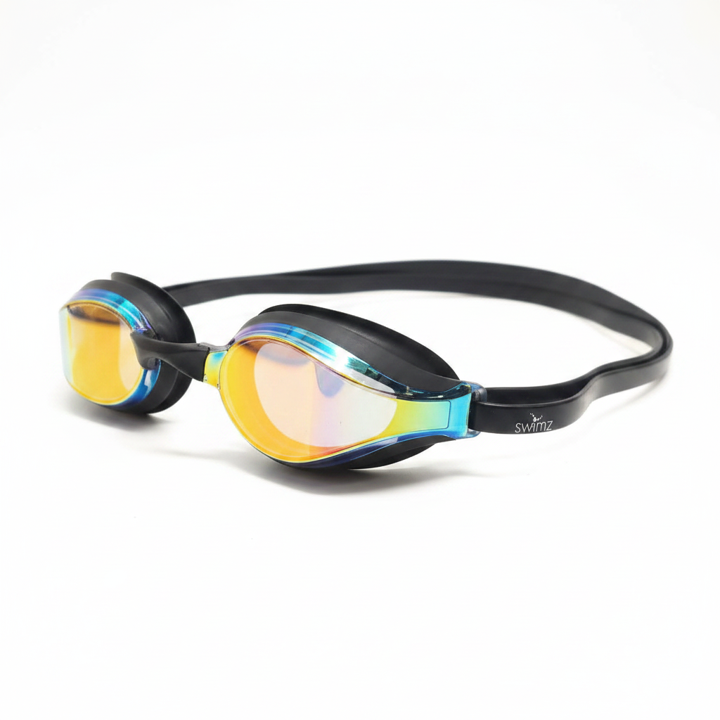 Swimz Vortex Mirrored Swimming Goggles - Side angle view - Black / Smoke / Red