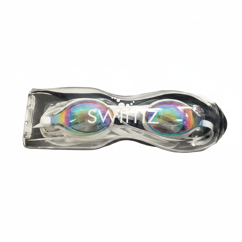 Swimz Vortex Mirrored Swimming Goggles in packaging - White / Smoke / Red