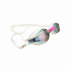 Swimz Vortex Mirrored Swimming Goggles - White / Smoke / Purple - Angled view with pink nose bridge
