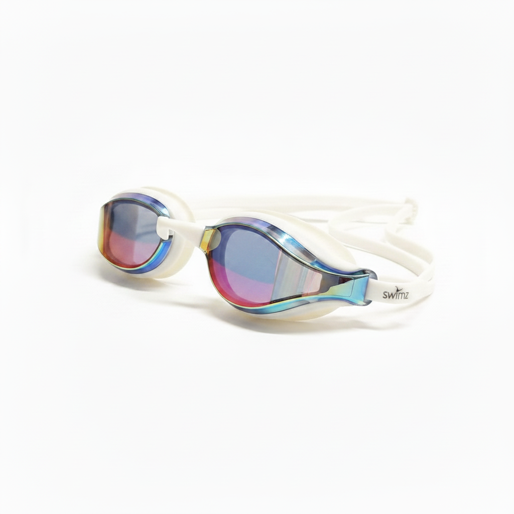 Swimz Vortex Mirrored Swimming Goggles - White / Smoke / Red - Side profile showing iridescent lenses