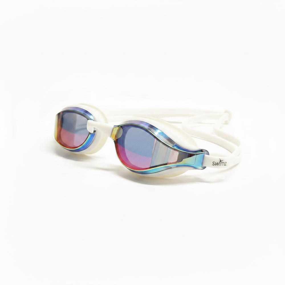 Swimz Vortex Mirrored Swimming Goggles - White / Smoke / Red - Side profile showing iridescent lenses