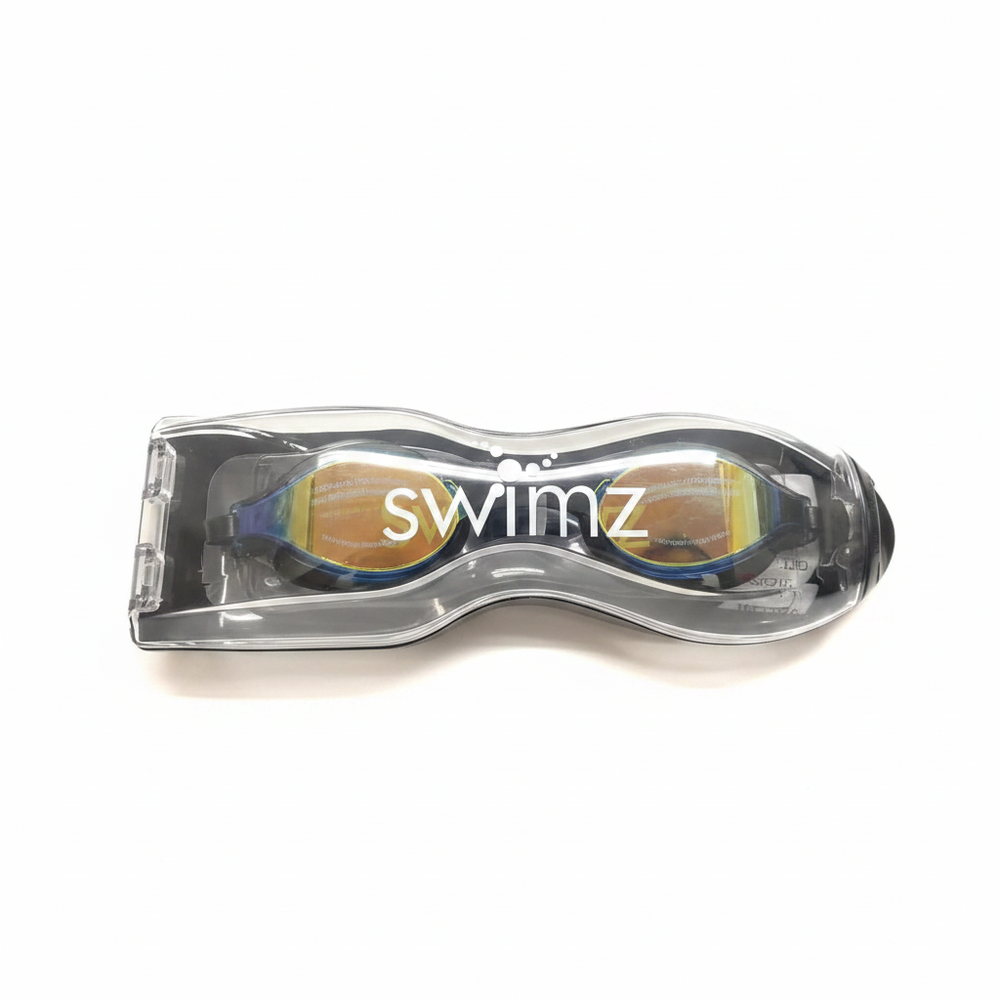 Swimz Vortex Mirrored Swimming Goggles in packaging - Black / Smoke / Gold