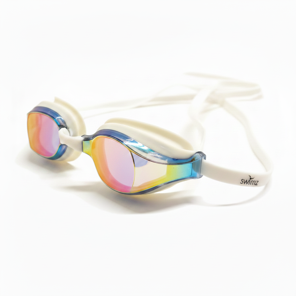 Swimz Vortex Mirrored Swimming Goggles - White / Smoke / Red - Low angle side shot showing iridescent lenses