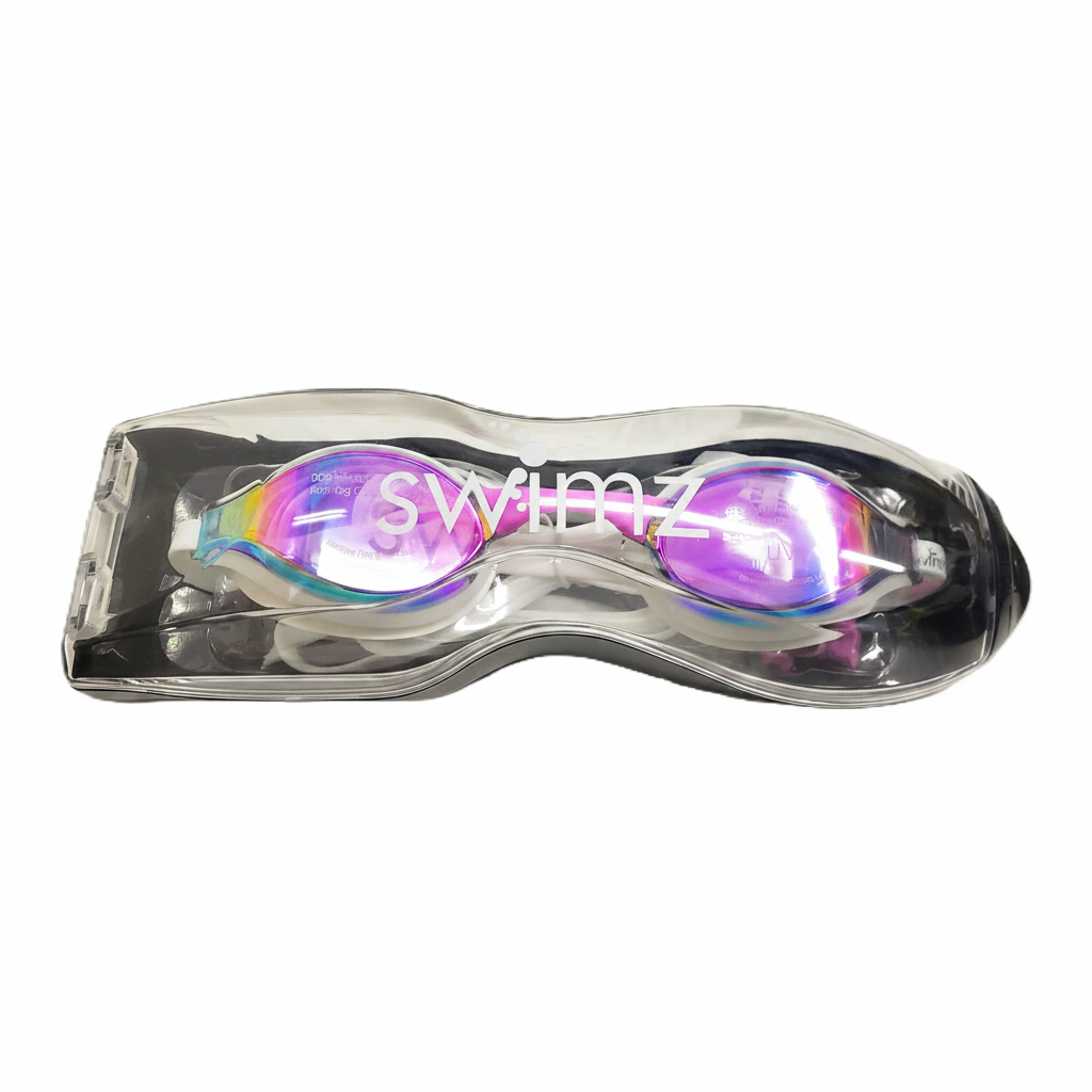 Swimz Vortex Mirrored Swimming Goggles in packaging - White / Smoke / Purple