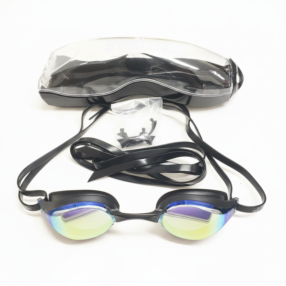 Swimz Vortex Mirrored Swimming Goggles - What's included: goggles, case and spare nose bridges - Black / Smoke / Gold