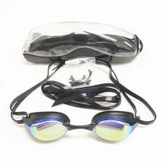 Swimz Vortex Mirrored Swimming Goggles - What's included: goggles, case and spare nose bridges - Black / Smoke / Gold