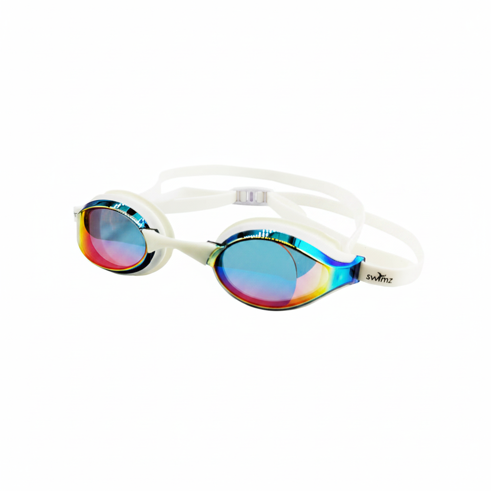 Swimz Vortex Mirrored Swimming Goggles - White / Smoke / Red - Angled view showing iridescent lenses