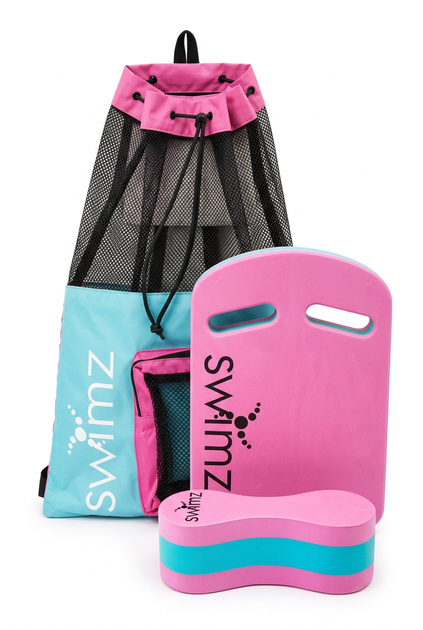 SWIMZ Junior Club Elite swimming training bundle in Blue/Pink with kickboard, pull buoy and mesh backpack