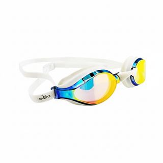 Swimz Vortex Mirrored Swimming Goggles - White / Blue / Blue - Enhanced hero shot showing iridescent lenses
