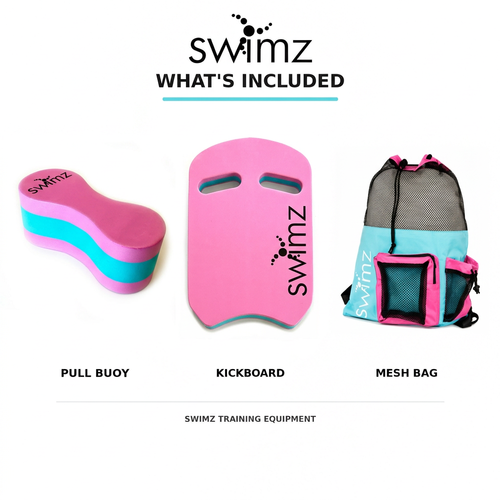 What's included in the SWIMZ Blue/Pink Elite junior bundle: pull buoy, kickboard and mesh bag
