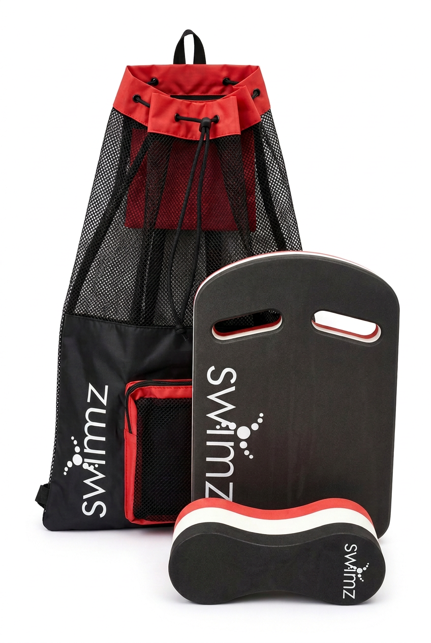 SWIMZ Junior Club Elite swimming training bundle in Black/White/Red with kickboard, pull buoy and mesh backpack