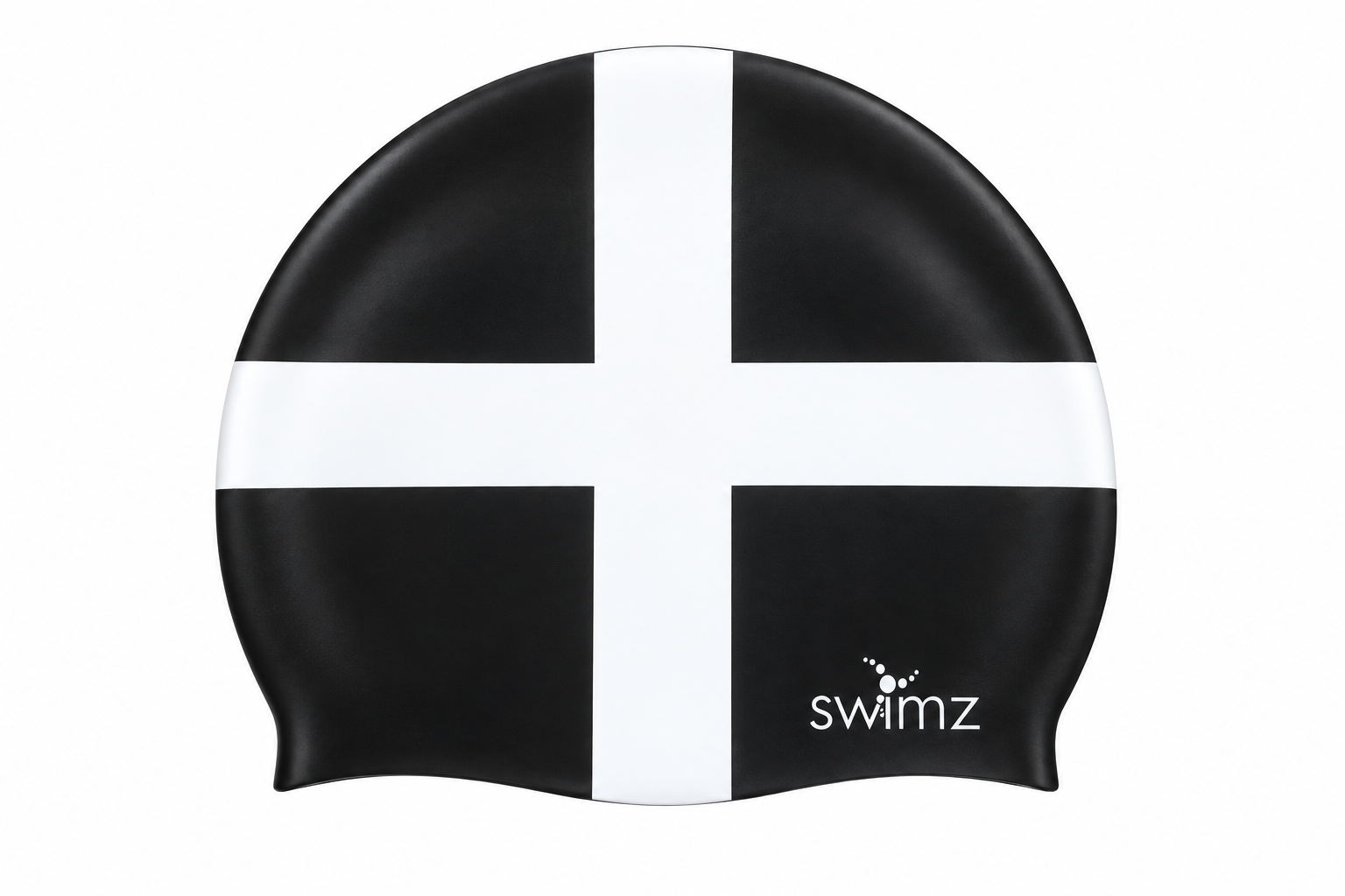 SWIMZ Cornwall flag silicone swim cap in black with a white St Piran’s cross and white SWIMZ logo.