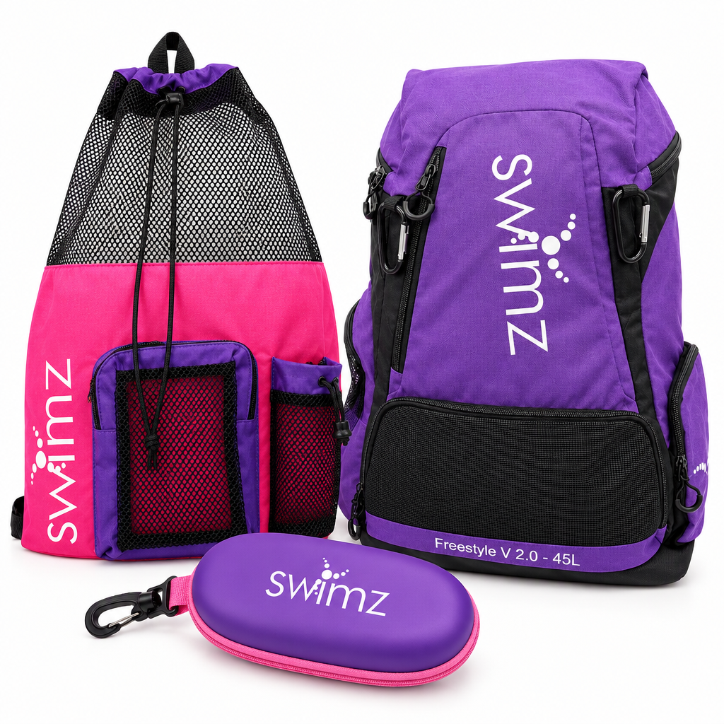Swimz Storage Bundle featuring Freestyle Backpack V2.0, Elite Club Mesh Backpack, and Armour Case in Purple/Pink