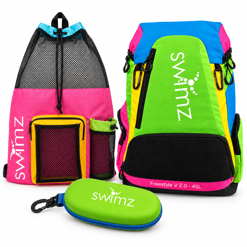 SWIMZ Multi Brights storage bundle with colourful Freestyle 45L backpack, Elite Club Mesh Backpack and lime green Armour goggles case