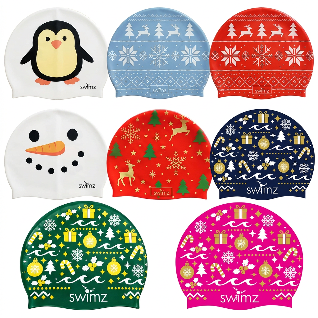 SWIMZ Christmas swim caps in a square three-three-two layout