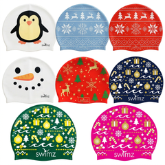 SWIMZ Christmas swim caps in a square three-three-two layout