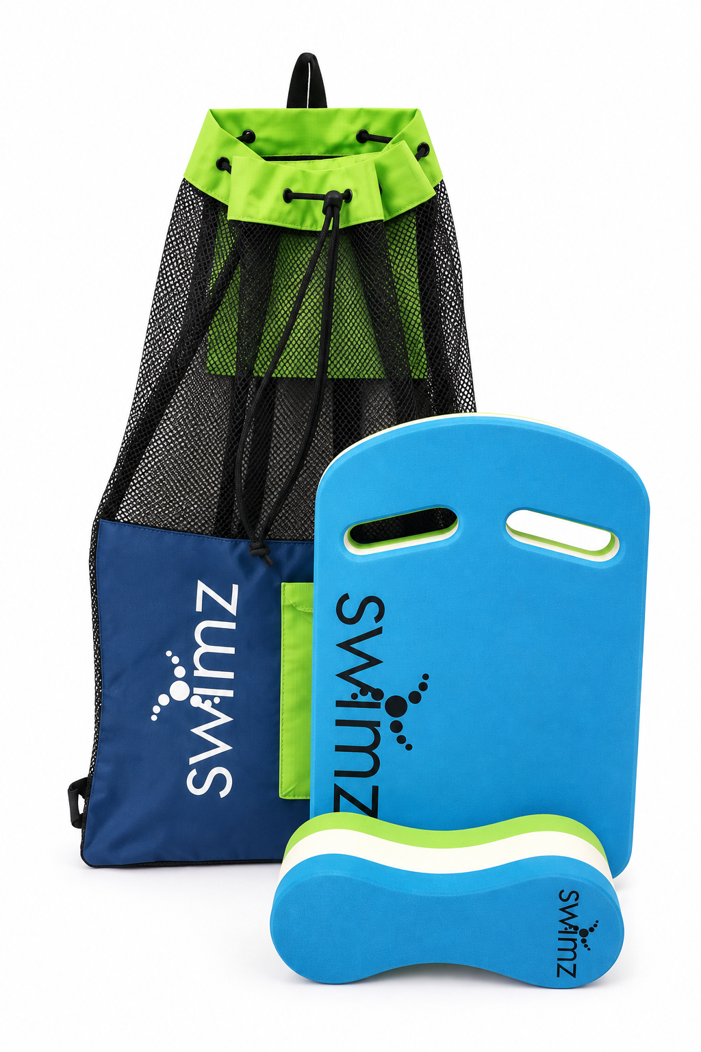SWIMZ Junior Club Elite swimming training bundle in Blue/White/Lime with kickboard, pull buoy and mesh backpack