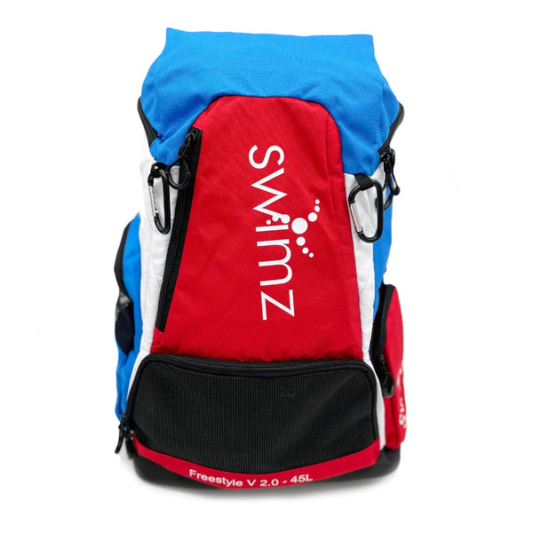 Swimz Freestyle Backpack V2.0 45L Swim Backpack - Large 45L Capacity (Red / Blue / White) + Embroidered Name